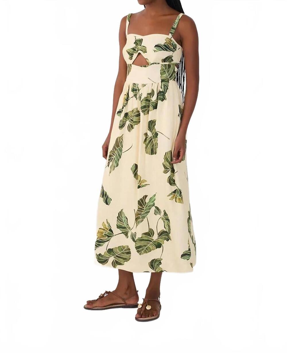 NEW DRESS TO leaf print midi dress in beige